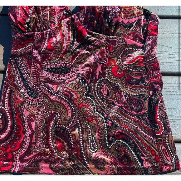 Y2K Cache Paisley Printed Velvet Beaded Halter Top - Picture 9 of 11